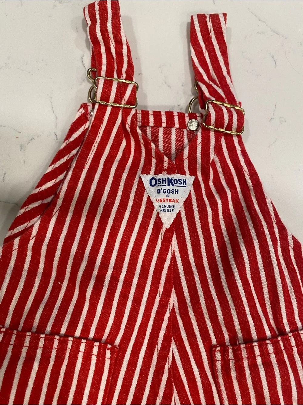 Vintage OshKosh B'gosh red, white striped 100% cotton overalls made in USA 12mo